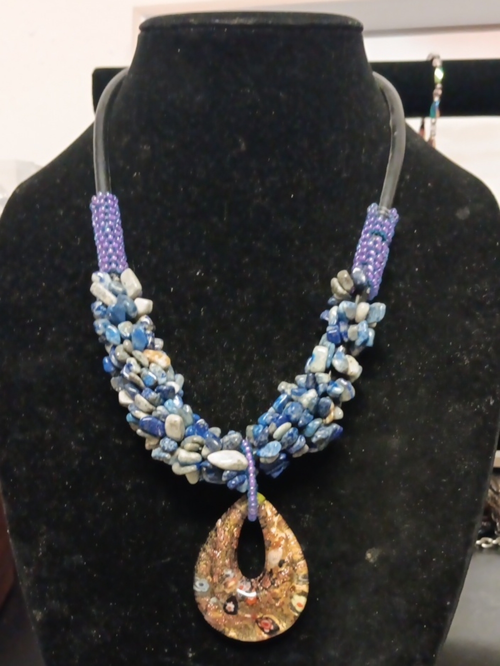 Blue Beaded Sodalite & Teardrop Murano Glass Pendant Leather Cord Necklace